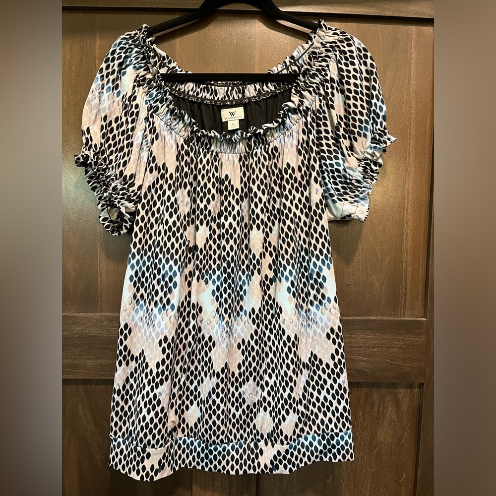 Worthington Peasant Top Black Grey Blue Scoop Neck Blouse XL